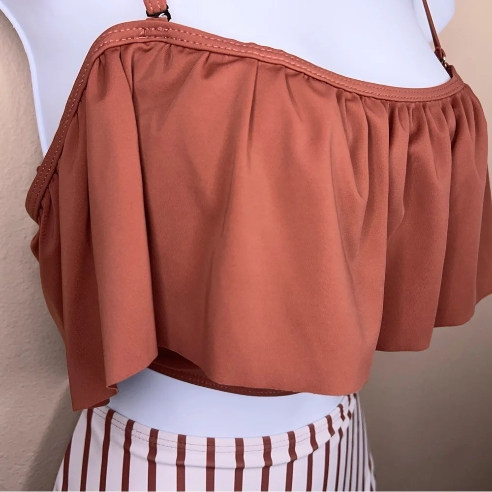 Large Tan Brown White Two Piece Swimsuit Womens Ruffle Top High Waist Striped